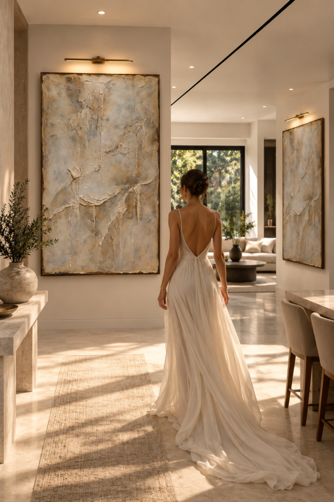 'Paperbark' by Katrina Read, large textured abstract artwork in ivory, limestone and soft blue-grey tones, displayed in a contemporary interior.
